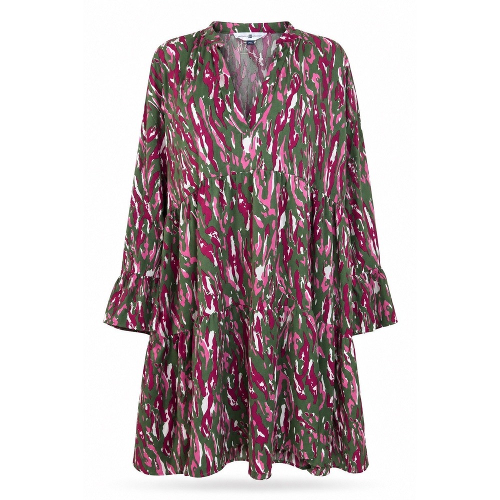 Michelle McDowell Women's XXL Tiered Dress Pink Green Bell Sleeve Boho Preppy